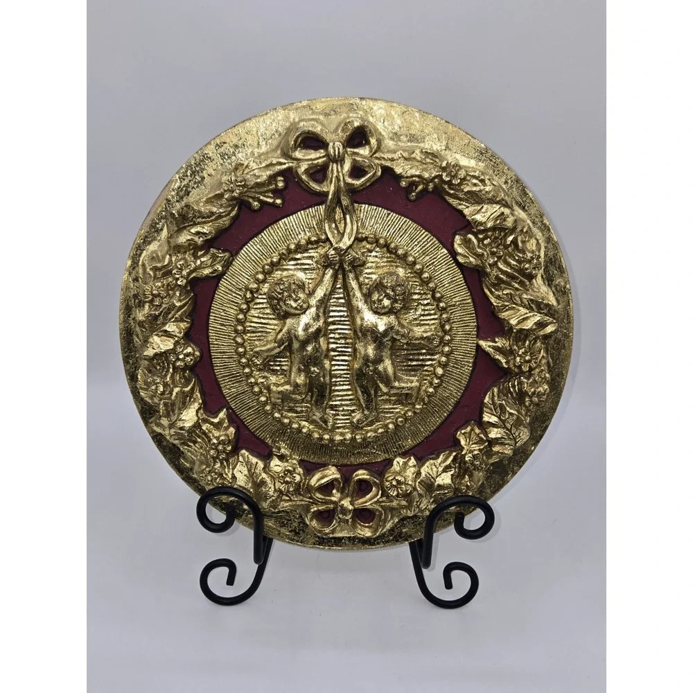 Vintage Cherub Wall Art Gold Gilt Plastic Florentine‎ Style Relief Plaque Decor